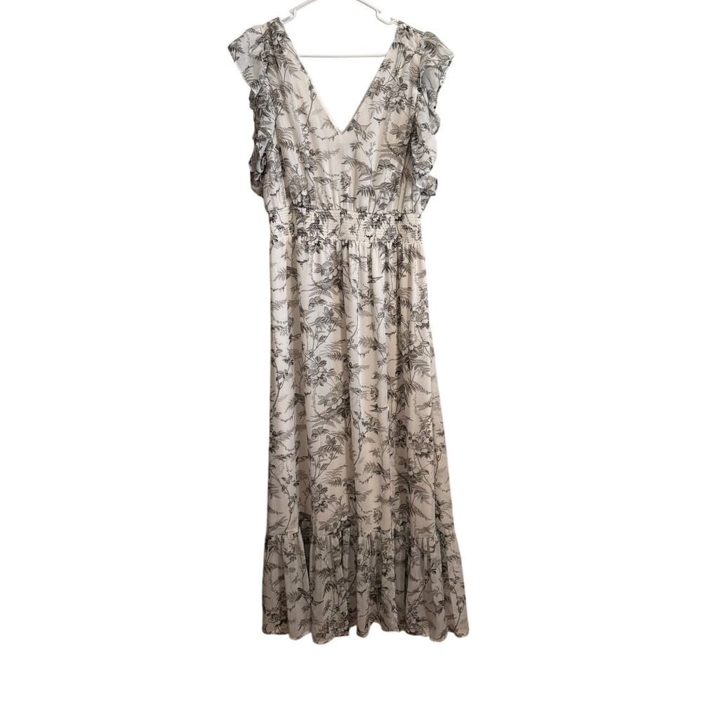 Express Garden Party Black and White Whimsical Floral Maxi Dress with Slit